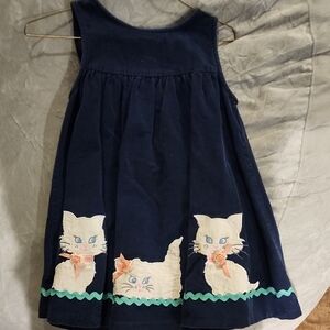Vintage Y2k Era Corduroy Navy Blue Cat Embroidered Kids Casual Dress 6x